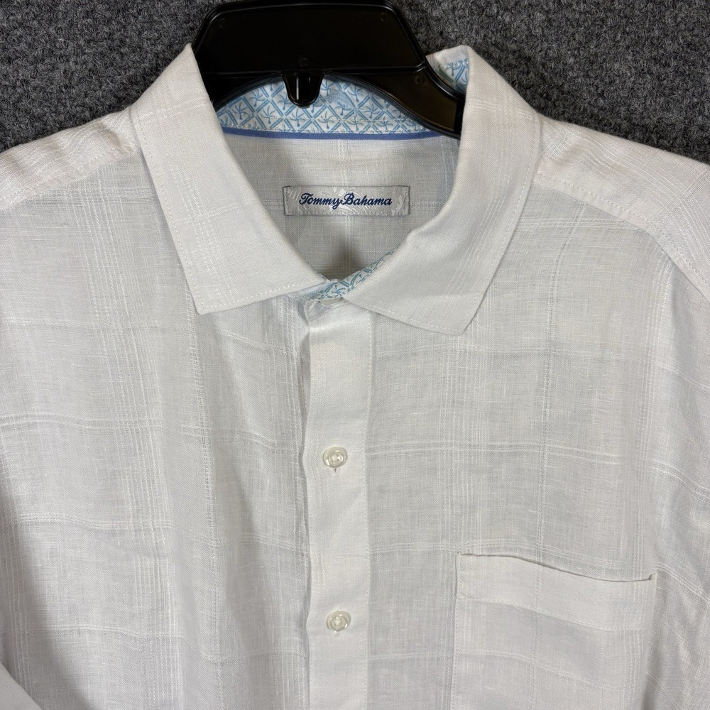 Tommy Bahama White Linen Large Hawaiian Shirt Mens Button Up Long Sleeve Pocket